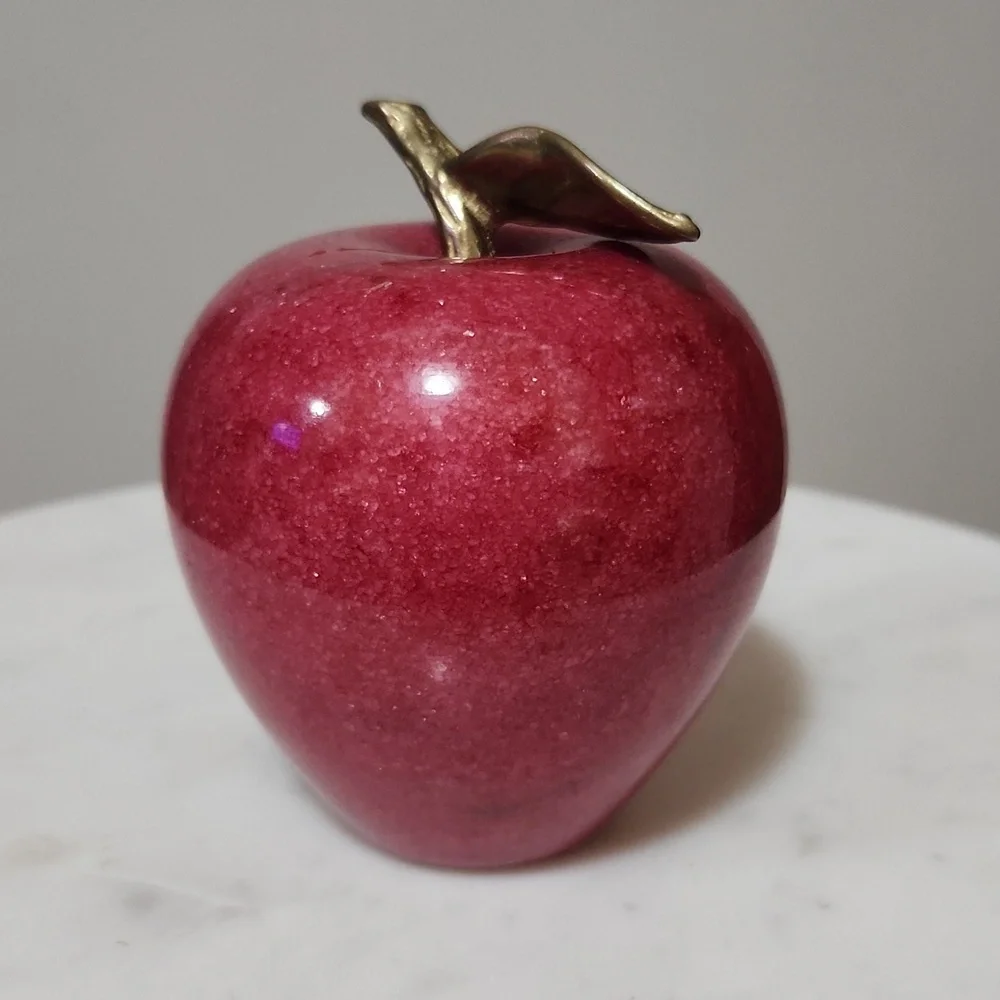 Red Marble Apple Paperweight Sculpture with Golden Brass Leaf